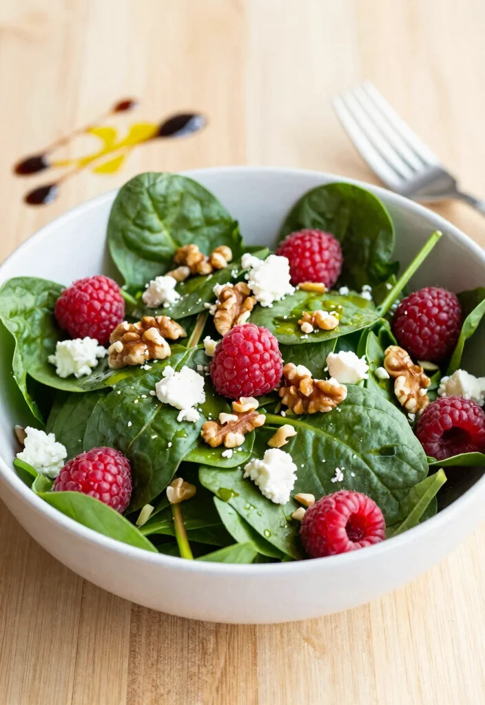10 Healthy Raspberry Recipes for Fresh Bright Everyday Eating - 4. Fresh Raspberry Salad with Spinach and Goat Cheese
