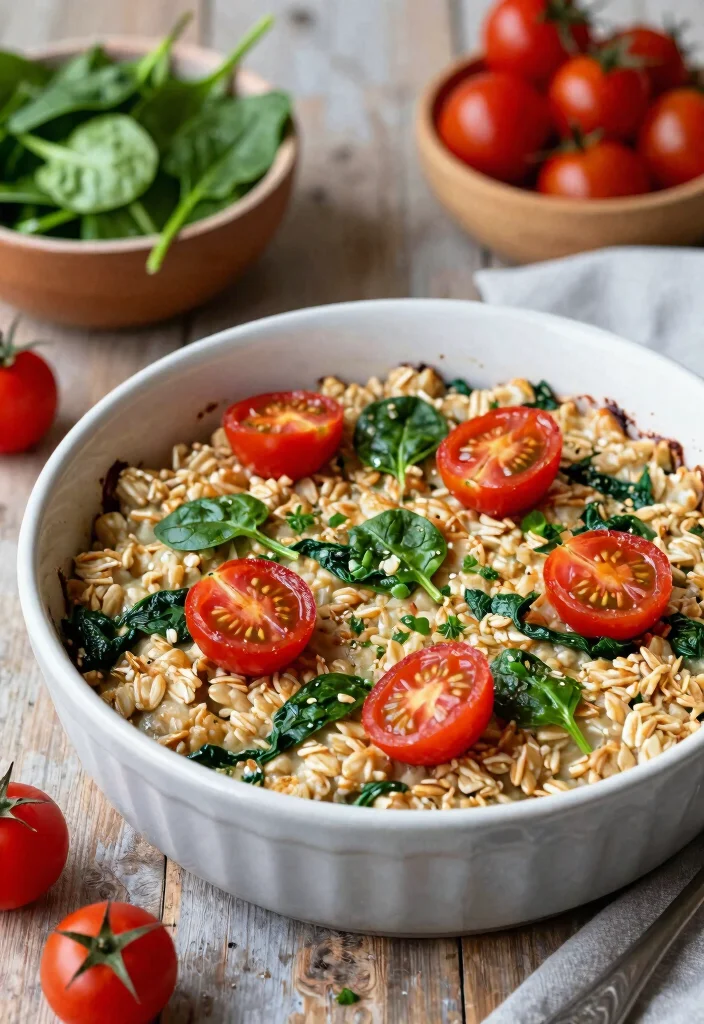 10 Vegan Baked Oatmeal Recipes for Cozy Healthy Breakfasts - 8. Savory Spinach and Tomato Baked Oatmeal